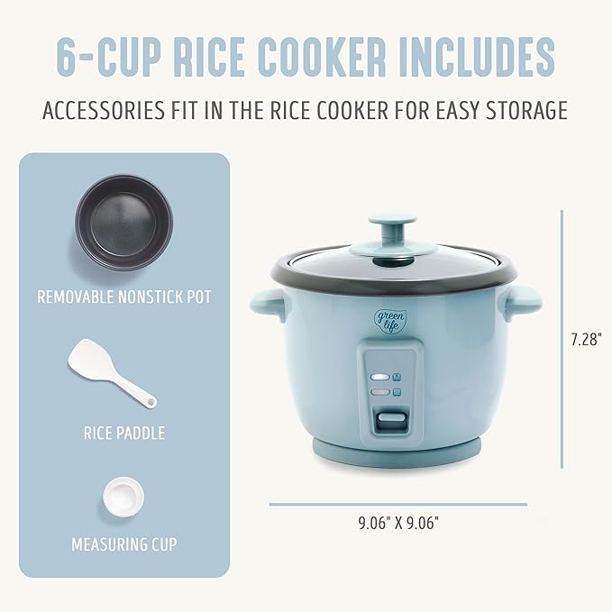 GreenLife Rice Cooker with Removable PFAS-Free Nonstick Pot, 3-Cups Uncooked/6-Cups Cooked, One-Switch Design, Auto Keep Warm Function, Soup, Grains, Oatmeal, Wood Handle, Blue