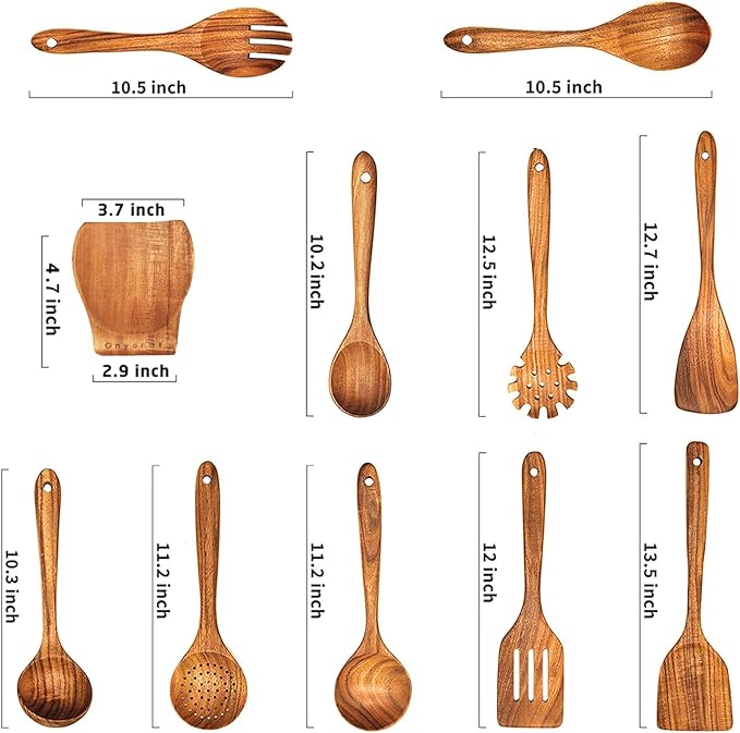 Wooden Spoons for Cooking,Wooden Utensils for Cooking 11 Pcs Wooden Kitchen Utensils Set Wooden Spatulas for Cooking Wooden Cooking Utensils with Holder, 14.37*4.13*3.54, Brown