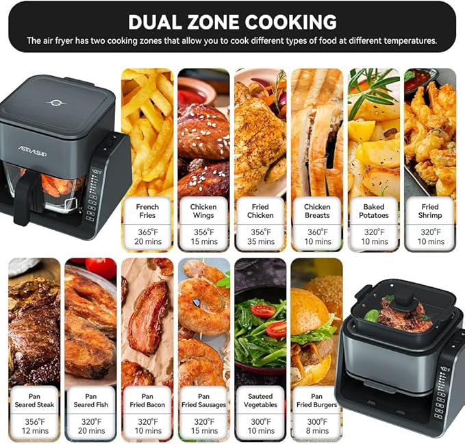 Astralship 2-in-1 Glass Air Fryer & Grill Combo, 4.2 QT + 1.3 QT Capacity, 7 Digital Presets, Small, Non-Toxic See-Through Glass Bowl, Low-Oil Healthy Cooking, Easy to Clean, Multi-Function Design