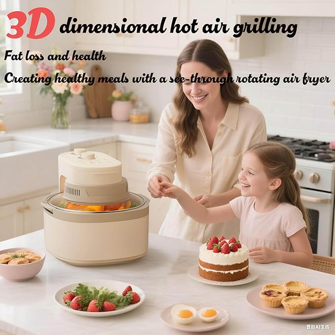 Rotatable 8-in-1 Air Fryer Toaster Oven Combo 7.5QT Large Glass Air Fryer, Rapid HotAir Tech, Family-Size Smart Cooker, Trending Modern Kitchen Essential for Healthy Meals (Off-white)