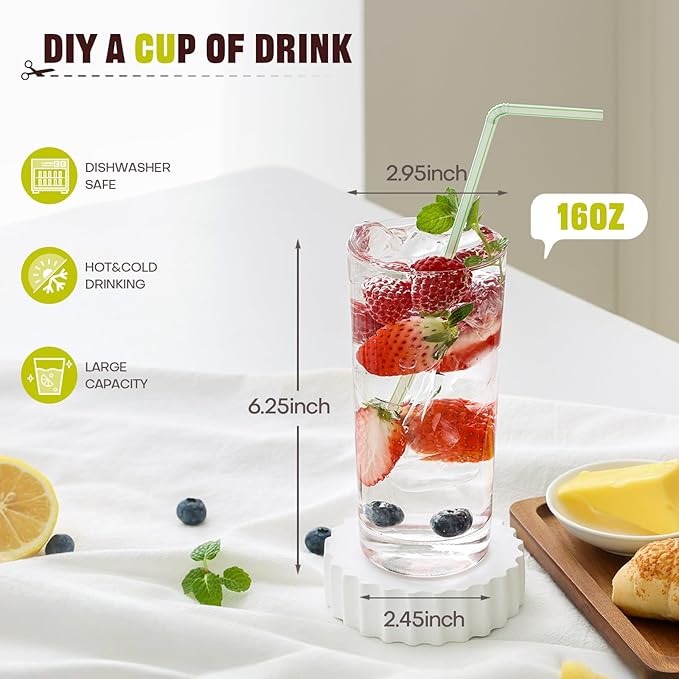 Highball Glasses Set of 6, 16oz Tall Drinking Glasses, Water Glass for Kitchen, Tom Collins Glasses, Mojito Glass Cups, Cocktail Glasses for Bar Glassware