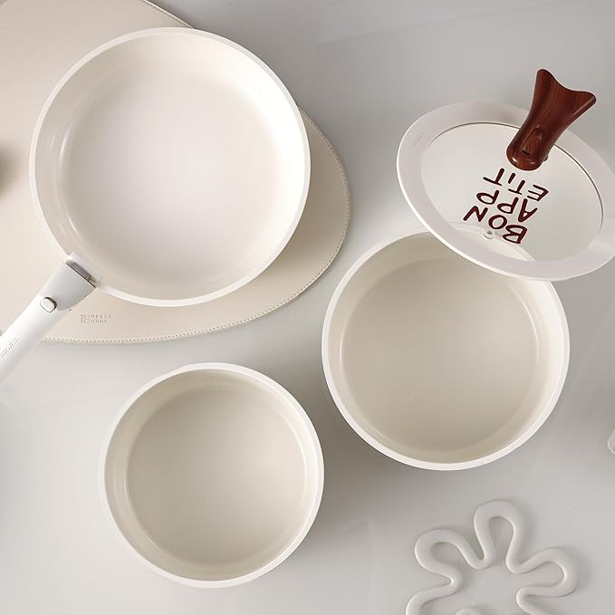 CAROTE Ceramic Sauce Pan Sets with Stand-Up Lid 3QT & 4QT, 10 Piece NonStick Kitchen Cookware Sets with Detachable Handle, Non Toxic Cooking Pot, Oven Safe, Induction Ready, Cream White