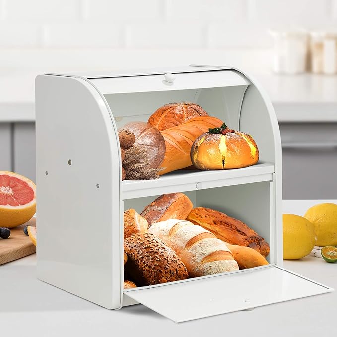 Bread Box, Metal Bread Box for Kitchen Countertop, 2 Layer Roll Top Bread Boxes, Stainless Steel Bread Storage, Kitchen Counter Bread Bin, Airtight Holder for Homemade Bread（White）