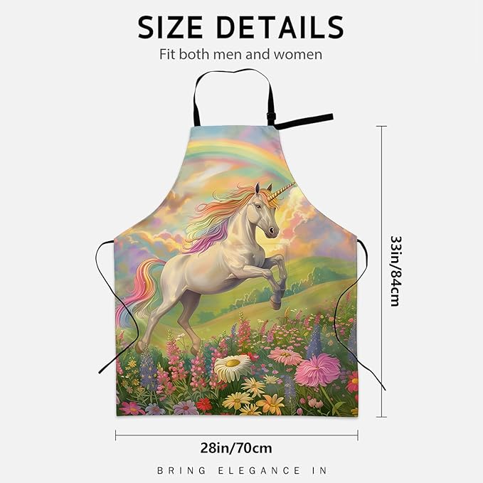 Beautiful Unicorn Apron for Women Men, Cooking BBQ Chef Polyester Lightweight Rainbow and Floral Aprons with Pockets for Baking Kitchen Gardening Cleaning, Adjustable Neck Strap, 28×33inch