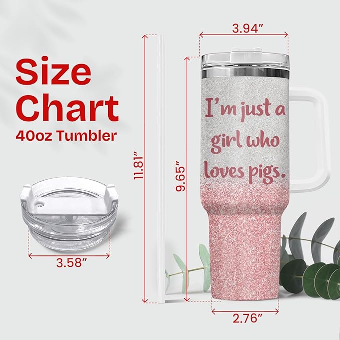 34HD Just A Girl Who Loves Pigs Tumbler with Handle and Straw, 40oz Vacuum Insulated Pig Cup, Pigs Gifts for Women Birthday Mothers Day Christmas, Farm Animal Gifts, Pink Pig Gift Ideas