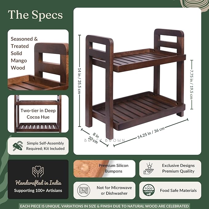 Brick Brown Premium Cocoa Kitchen Wooden Organizer 2-Tiered Serving Stand| Display Snacks, Fruits & Desserts | Kitchen & Dining Organizer in Mahogany Finish (Self Assembly)
