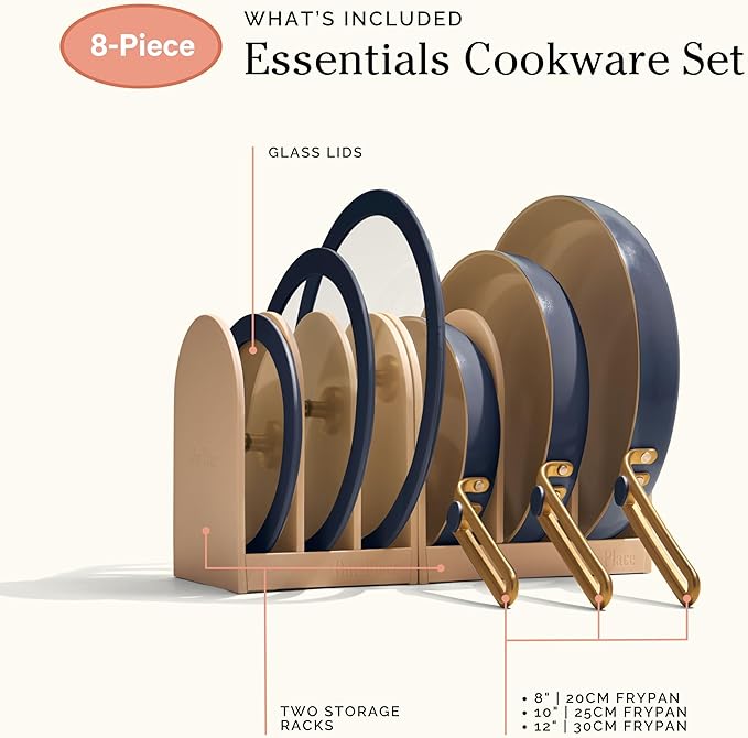 Our Place 8-Piece Essentials Complete Cookware Set - Ceramic Fry Pan Trio & Modular Rack Storage | Nontoxic Thermakind™ Nonstick, Oven Safe up to 450°F & Compatible with All Cooktops | Blue Salt