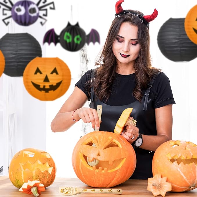 Eartim Halloween Wooden Cooking Utensil Set - 7Pcs Hocus Pocus Kitchen Cooking Gadget Natural Carve Bamboo Spoon Slotted Spatula Non-Stick Cookware Utensil Birthday Housewarming Gift Halloween Supply