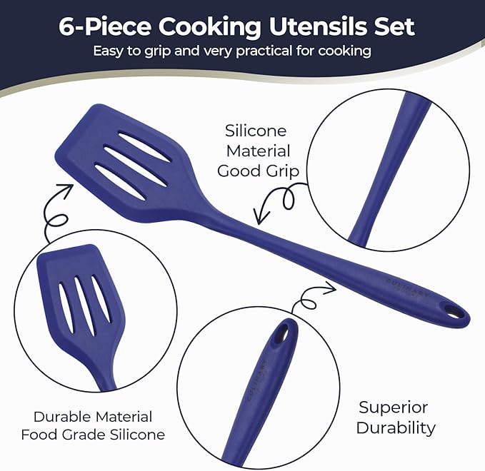 Culinary Couture Blue Silicone Kitchen Utensils Set of 6, Non-Stick Heat-Resistant Silicone Kitchen Utensils Set with Steel Inner Core
