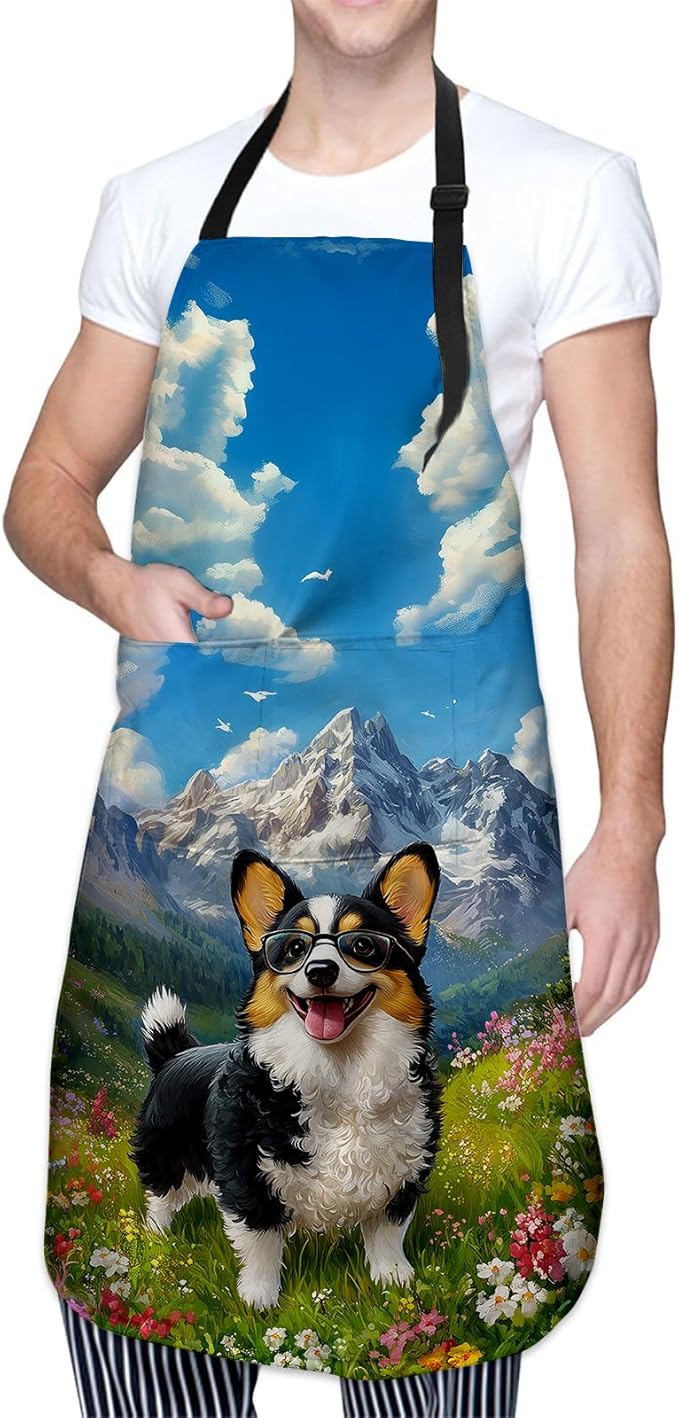 Cheerful Corgi Apron, Kitchen Cooking Baking Adjustable Polyester Cute Puppy Dog Aprons for Women Men, with 2 Pockets, 28×33in, Ideal Gifts for Wife, for Chef Gardening Grilling Cleaning