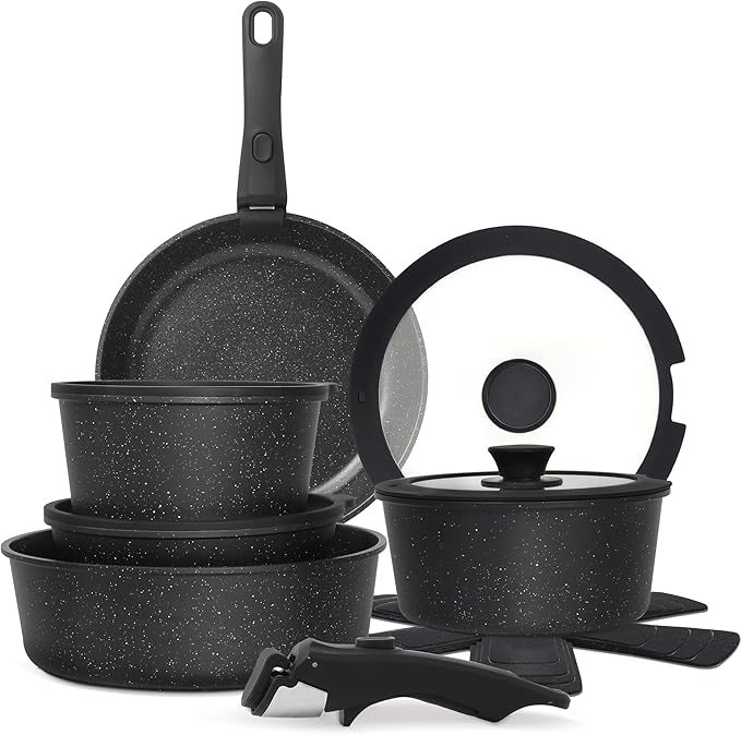 15PCS Pots and Pans Set Non Stick, Kitchen Cookware Sets with Detachable Handle, Ceramic Cookware Sets, Non Stick RV Cookware Cooking Set, Dishwasher ＆ Oven Safe, PFOA Free, Black