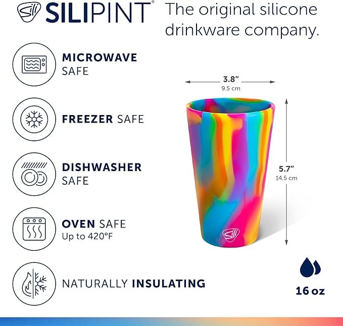 Silipint 16oz Silicone Pint Glass – Unbreakable BPA-Free Reusable Silicone Drinking Cup – Flexible Dishwasher Microwave & Freezer Safe – Stemless Glass for Water Coffee Smoothies (Hippie Hops)