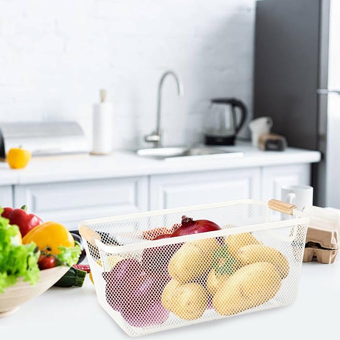 Potato and Onion Storage Bin, 2 Set Potato Bin Storage and Onion Container with Wooden Handle, Pantry Kitchen Organization and Storage, Metal Mesh Baskets for Fruit, Vegetable, Produce-White