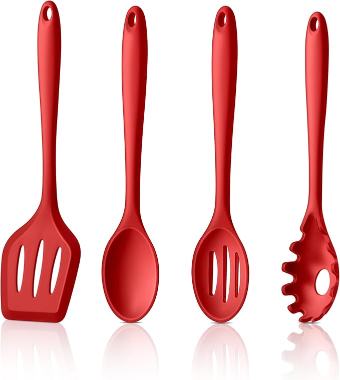 LIANYU 4Pcs Kitchen Utensils, Silicone Cooking Utensils Set, Heat Resistant Cooking Tools, Include Turner, Spoon, Pasta Server for Nonstick Cookware, Healthy & Dishwasher Safe, Red
