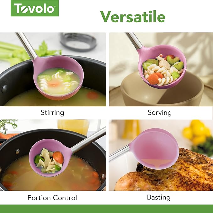 Tovolo Silicone Ladle With Stainless Steel Handle Deep Soup Ladle for Cooking Canning Serving Soup Punch Stew Sauce, Large Kitchen Utensil Spoon Dishwasher Safe BPA Free Silicone, Pink Sorbet