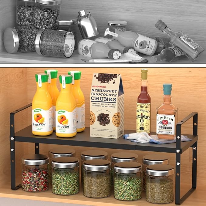 Expandable Stackable Spice Rack Cabinet Shelf Organizer in Cabinets Shelves Kitchen Cupboard Organization Stack up Racks Pantry Countertop Storage Medium/Black 1 Pack