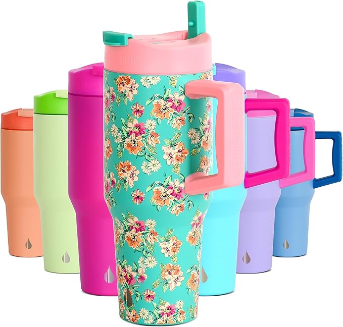 Elemental 32 oz 100% Leak Proof Tumbler with Handle & Straw - Stainless Steel Double Wall Insulated Tumbler for Hot and Cold Beverages - Travel Coffee Mug with Sip & Straw Lid - Vintage Flower
