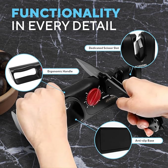 ZenithEdge® 3-in-1 Adjustable Knife Sharpener 14°-24° Angles for Kitchen, Fillet, Pocket Knives & Scissors - Tungsten Steel Ceramic Non-Slip Precision Sharpening Tool Gift