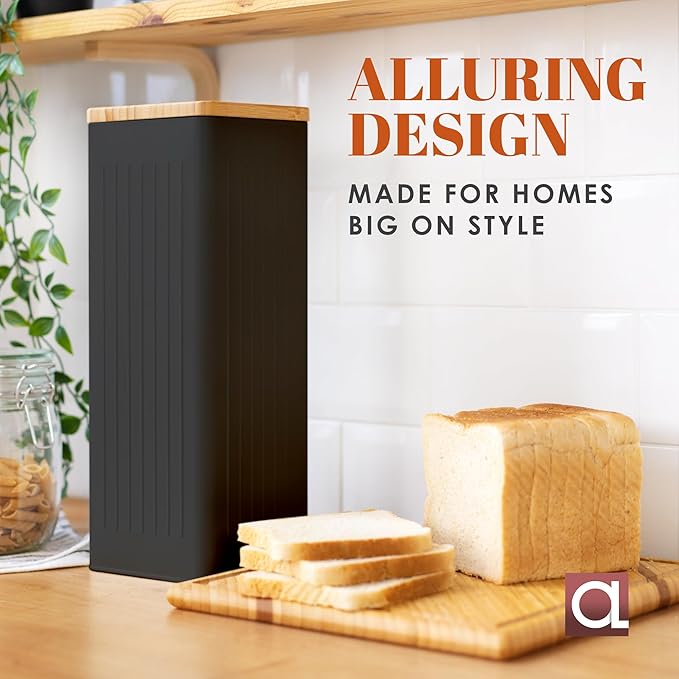 Apace Living FRESHSLICE Bread Container 2.0 | Bread Keeper with Airtight Lid | Metal Bread Box with Bamboo Lid for Homemade Bread, 5 Liter (Classic Black)