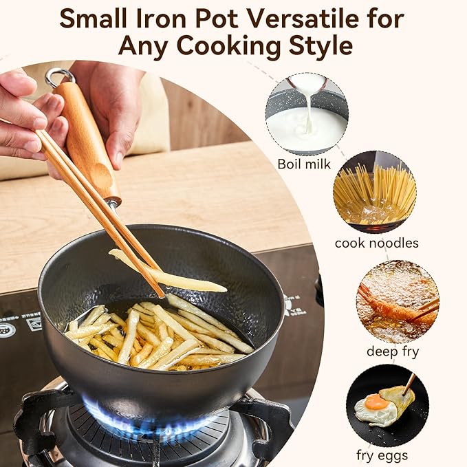 WANGYUANJI 7.1 Inch Hammered Cast Iron Saucepan with Glass Lid, Removable Beechwood Handle, Small Milk Pot for Boiling, Simmering, Heating – Non-Coated, Stovetop Compatible