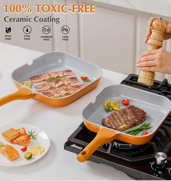 KOCH SYSTEME CS 11 Inch Nonstick Grill Pan for Stove Tops, Square Griddle Pan with Pour Spouts, Grill Pan for Indoor Cooking, Grill Skillet with Bakelite Handle, PTFE & PFOA Free, Orange
