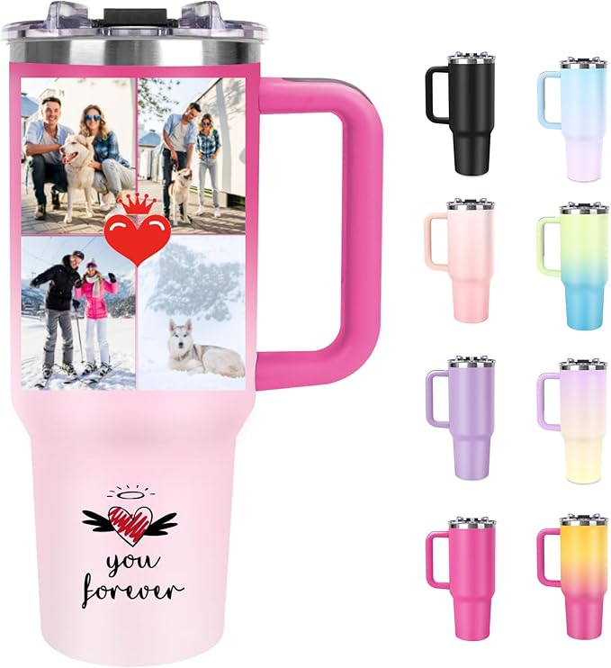 Personalized 40oz Tumbler with Handle, Custom Insulated Tumblers with Pictures Logo, Stainless Steel Travel Coffee Mug, Personalized Gifts for Women Men Birthday Fathers Day Mothers Day (4 PHOTOES)