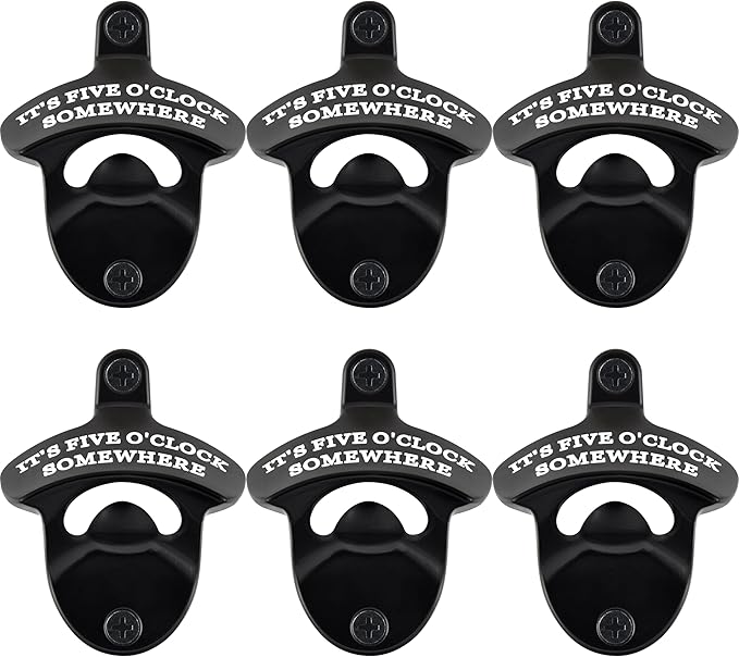 Wall Mount Bottle Opener Black IT'S FIVE O'CLOCK SOMEWHERE Stainless Beer Top Opener Mountable for Table Garage Patio (6 PCS)