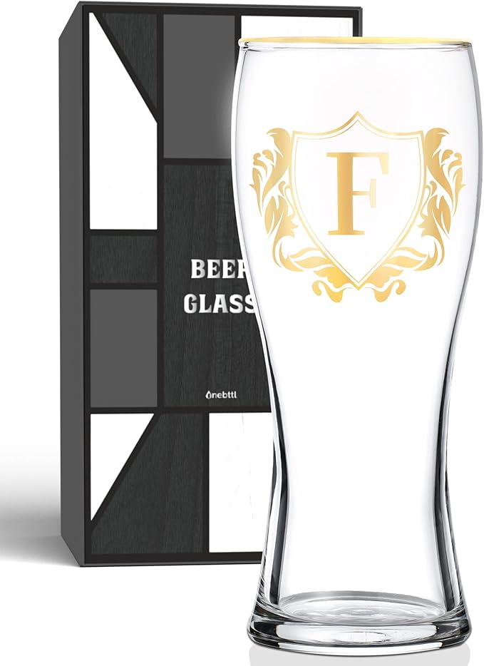 Personalized Beer Glass, Custom Alcohol Gifts for Beer Lovers, Unique Birthday, Christmas Gifts for Dad, Uncle, Husband, Boyfriend, with Initial F