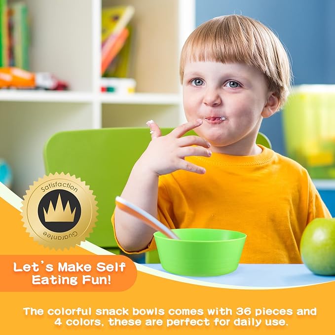 Yinder 36 Pcs Kids Plastic Bowls Set 10 oz Toddler Bowls Colorful Kids Microwave Dishwasher Safe Cereal Salad Dessert Soup for Home Parties Events School, Red Green Blue and Yellow