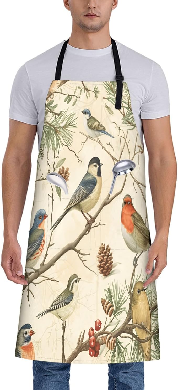 Birds Rustic Print Apron for Women, 28x33in, Kitchen Chef Aprons with 2 Pockets, Polyester, Watercolor Spring Apron for Cooking BBQ Baking Gardening Chef, Gifts for Mom Wife Dad