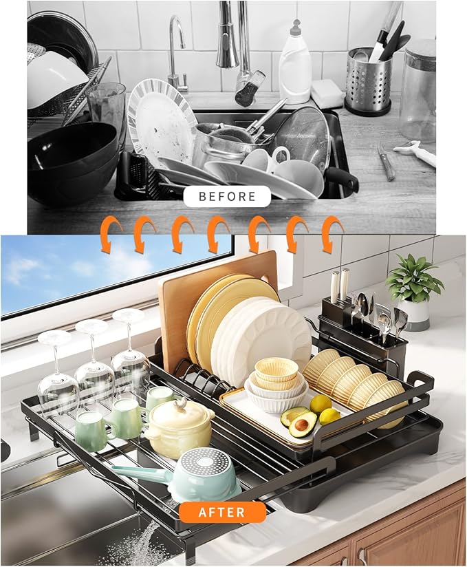 extendable Dish Drying Rack for Kitchen Counter,escurridor de platos,Metal Dish Strainer with Utensil Holder and Drainer (Black)