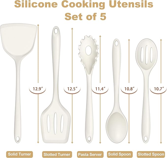 TeamFar Silicone Cooking Utensils Set, 5-Piece Heat Resistant Kitchen Utensils Set, Nonstick Slotted Solid Spoon Turner Pasta Server for Frying, Serving, Mixing, Non-Toxic & Dishwasher Safe, White