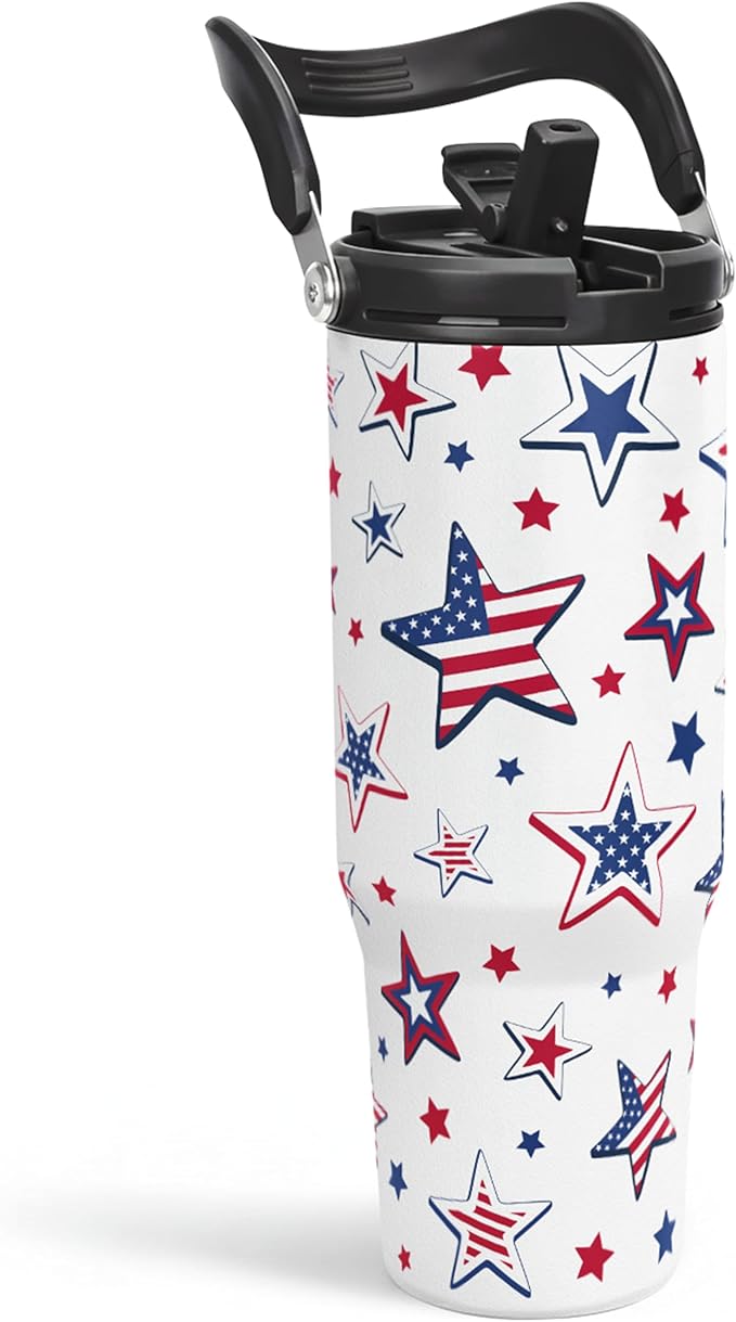 SANDJEST American Flag Star Tumbler with Handle 30oz, Stainless Steel Insulated Flip Straw Tumblers Coffee Travel Mug Cup, USA America Gifts for Women Girl for Birthday Christmas