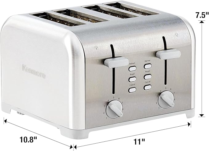 Kenmore toaster 4 slice - extra wide slot countertop kitchen appliance, defrost function, tostador de pan, 9 shade settings, compact design, easy clean crumb tray, bread bagel, stainless steel & White