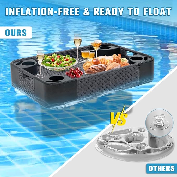 COOS BAY 35''x24'' Rectangular Floating Drink Holder for Pool and Hot Hub, Large Floating Serving Tray with Handles, Wicker Floating Pool Tray for Food and Drinks, Gray