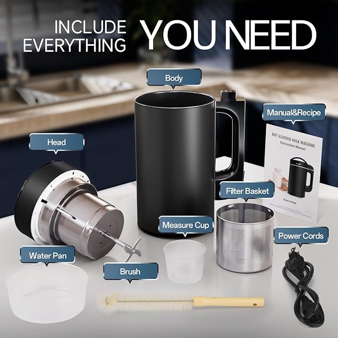 304 Stainless Steel Almond Milk Maker Machine (Built-in Filter) 50oz 6-7 Cups Per Batch, 8-IN-1 Cooking Blender Make Plant Based Nut Milk, Soy Oat Milk, Soup & Juice, Automatic Cleaning (Black)