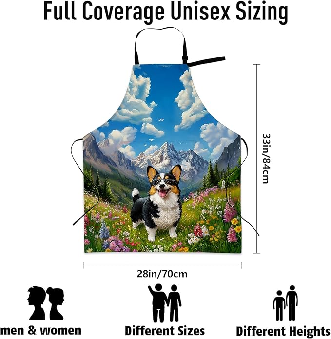 Cheerful Corgi Apron, Kitchen Cooking Baking Adjustable Polyester Cute Puppy Dog Aprons for Women Men, with 2 Pockets, 28×33in, Ideal Gifts for Wife, for Chef Gardening Grilling Cleaning