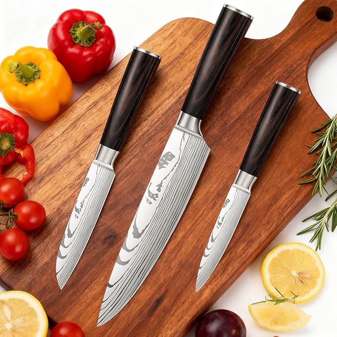 3-Piece Premium Japanese Kitchen Knife Set - Imperial Collection, Laser Damascus Pattern, 440A Stainless Steel Ultra Sharp for Fast Cutting (Redwood 3J)