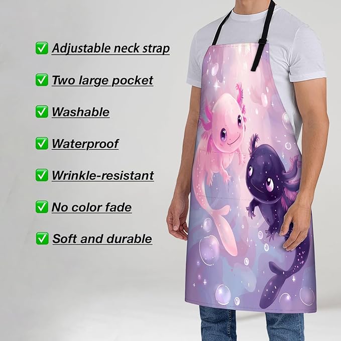 Axolotl Apron for Women, 28x33in, Kitchen Chef Aprons with 2 Pockets, Polyester, Cute Axolotls Apron for Cooking BBQ Baking Gardening Chef, Gifts for Mom Wife Dad