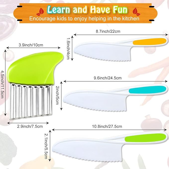 4 Pcs Kids Knife Set, Kids Kitchen Knife with Crinkle Cutter, Serrated Edges Plastic Toddler Chef Knife for Real Cooking & Cutting Fruit Bread