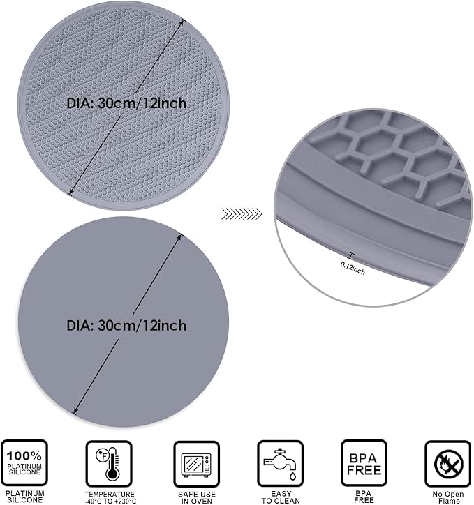 12 Inch Multi-Purpose Silicone Mat, As Drying Mat, Microwave Mat, Trivet, Pot Holder, Placemat, Utensils Rest, Pad for Hot Pans Plates Dishes Kitchen Countertop, Heat Resistant Mat, Light Gray 2 Pack