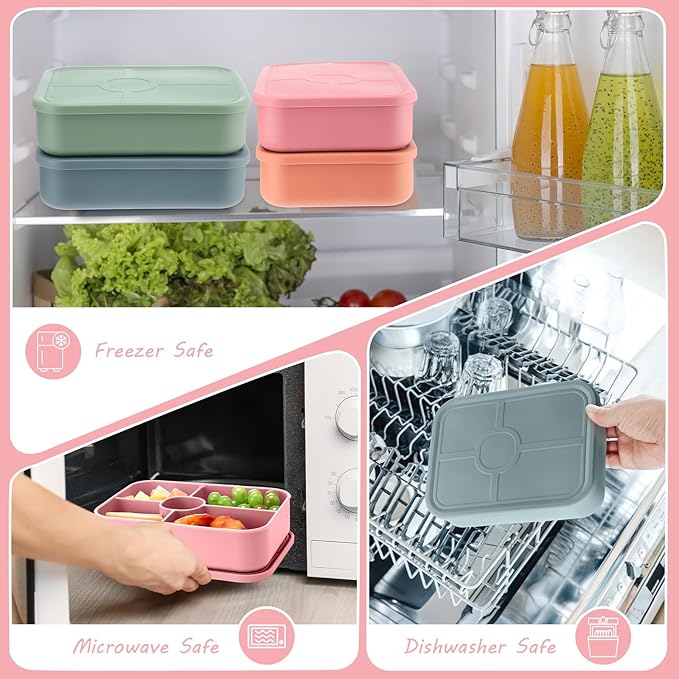 4 Pack Silicone Bento Boxes for Adults, 5 Compartment Reusable Lunch Containers with Sauce Section, Leakproof Meal Prep Snack Box Microwave & Dishwasher Safe for Work School Office(Dark Color)
