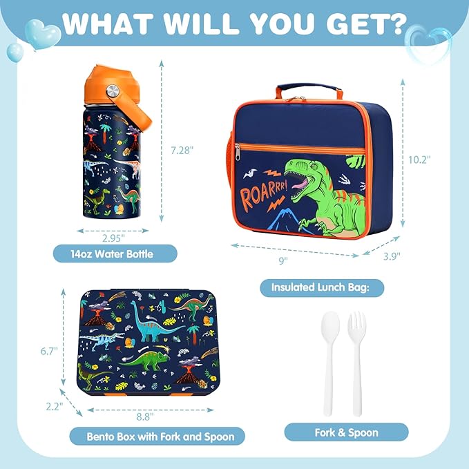 Bevalsa Kids Bento Lunch Box with 6 Compartment, Stainless Steel Metal Water Bottle, Insulated Bag & Utensils, BPA-Free Leakproof Food Container for School Boys Girls, Back To School Gift