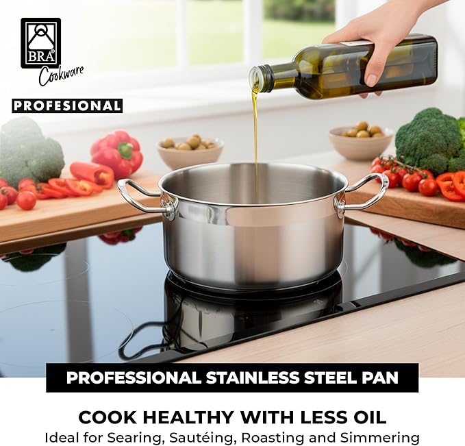 BRA COOKWARE Profesional 18/10 Stainless Steel Stock Pot w/Glass Lid | 8 Inch 2.4 Quart Professional Cooking Pot | 5.5mm Thick Base | PFOA Free Deep Pot | All Cooktops | All Cooktops & Oven Safe
