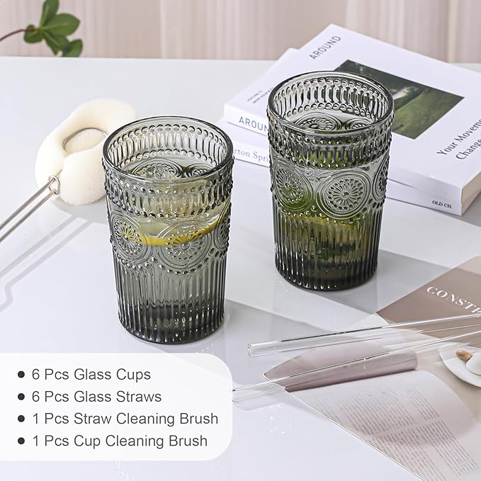 Vintage Glassware Drinking Glasses Set of 6,13 oz Grey Textured Flower Design Glass Water Tumblers，Embossed Striped Drinkware for Water,Cocktails,Juice,Iced Coffee