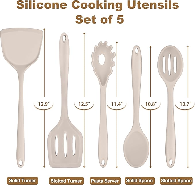 TeamFar Silicone Cooking Utensils Set, 5-Piece Heat Resistant Kitchen Utensils Set, Nonstick Slotted Solid Spoon Turner Pasta Server for Frying, Serving, Mixing, Non-Toxic & Dishwasher Safe, Khaki