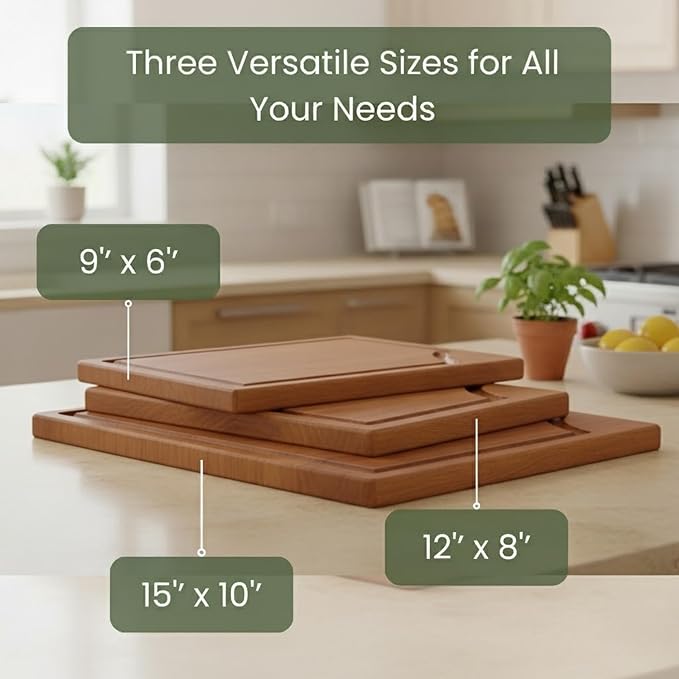 STORE INDYA 3-Piece Wooden Cutting Board Set with Juice Grooves | Premium Acacia Wood Chopping Boards with Built-in Handles for Kitchen Prep | Eco Friendly Multi Size Cutting Boards