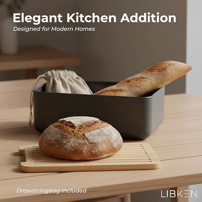 Bread Box – Extra Thick Steel Bread Bin with Bamboo Cutting Board Lid & Drawstring Bread Bag - Modern Scandinavian Metal Box for Kitchen Countertop, Sourdough & Homemade Bread - Black