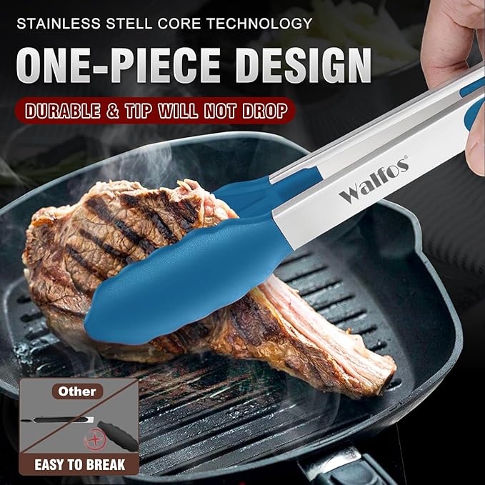 Walfos Kitchen Tongs - 7" 9" and 12" Heat Resistant Food tongs, Thickened Stainless Steel and BPA Free Silicone Tips, Great for Cooking, Grilling, Turning, Dishwasher safe(3 blue silicone tongs)