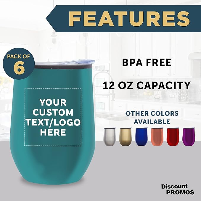 Custom Stemless Wine Tumblers 12 oz. Set of 6, Personalized Bulk Pack - Insulated, Perfect for Wine, Cocktails, Other Hot & Cold Beverages - Teal